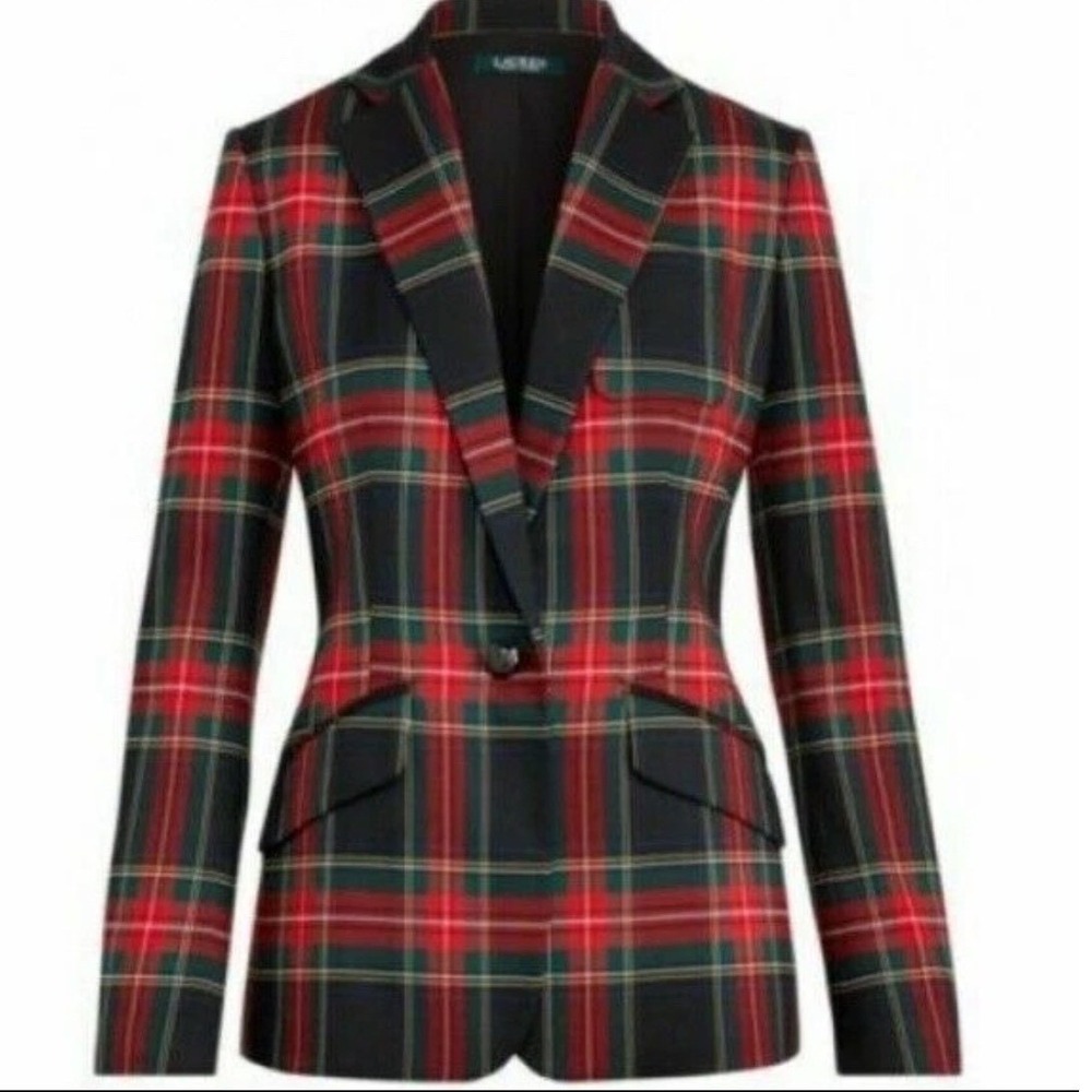 Lauren Ralph Lauren Plaid Blazer Red Green Tartan Crest Button Jacket 6 rare LRL - Picture 2 of 11